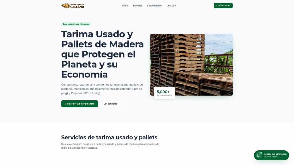 Tarimas HN — Pallets de madera · Economía circular, proyecto web por Cresova